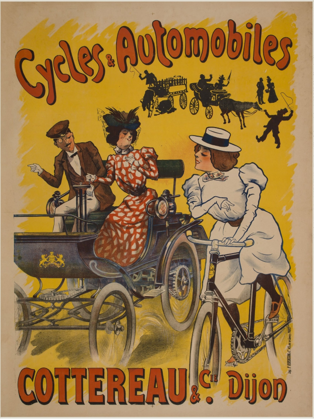 Plakat wirbt für Fahrräder und Automobile in Cottereau und Dijon, Frankreich, zeigt Menschen, die Fahrräder fahren und eine Kutsche mit "Fahrräder und Automobile" oben.