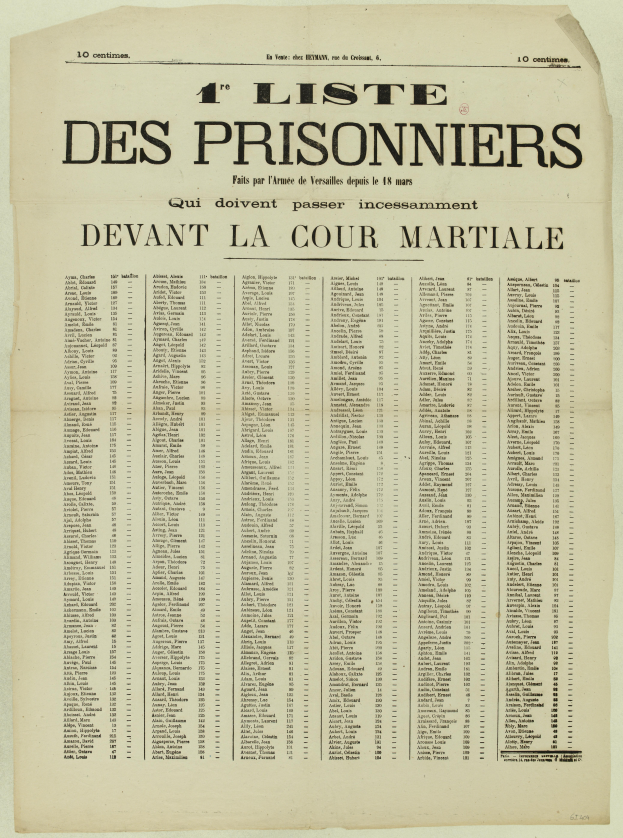 Eine alte, gelbliche Zeitung mit einer Liste von Gefangenen in zwei Spalten, einer für die Gefangenennummern und einer für die Namen, auf einem hellen cremefarbenen Hintergrund.