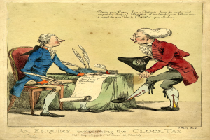 Ein Cartoon von zwei Personen, einer sitzend und einer stehend, mit einem Tisch dazwischen, der Papiere und andere Gegenstände enthält, und Text unten, der "eine Untersuchung über die Uhrensteuer" liest.