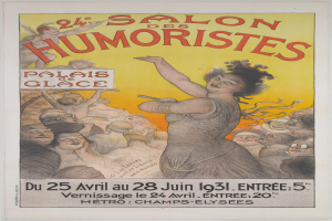 Plakat für den Salon des Humoristes in Paris mit einem Frauengesicht inmitten einer Menge und Ereignistext