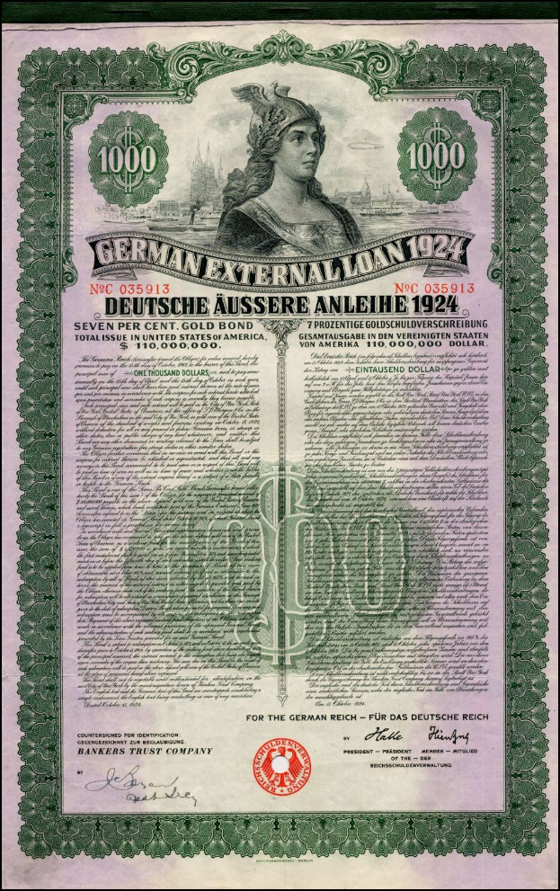 Deutsches Auslandsanleihe-Zertifikat aus dem Jahr 1924 mit einer Frauendarstellung, bedrucktem Text und numerischen Nennwertmarkierungen.