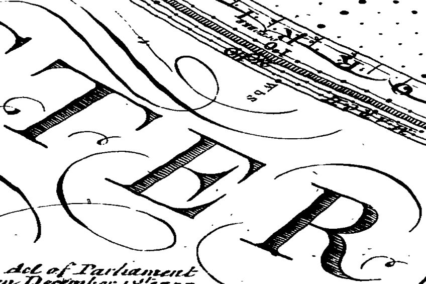 Eine Schwarz-Weiß-Zeichnung des Buchstabens 'R' in fetter Schrift auf einem zerknitterten, alten Stück Papier mit einem dekorativen Rahmen, das die erste Seite des Gesetzes darstellt.