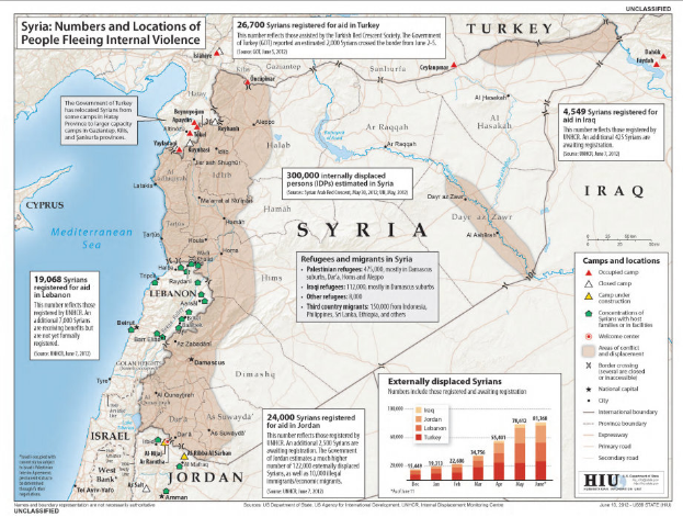 Ein Plakat mit einer Karte von Syrien, das die Binnendifferenzierung aufgrund von Gewalt hervorhebt, begleitet von Text und Grafiken, die die Situation darlegen.