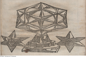 Ein aufgeschlagenes Buch mit einer detaillierten, farbenfrohen und komplexen Zeichnung eines Tetraeders und Text unten.