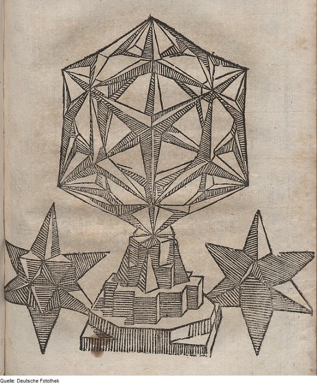Ein aufgeschlagenes Buch mit einer detaillierten, farbenfrohen und komplexen Zeichnung eines Tetraeders und Text unten.