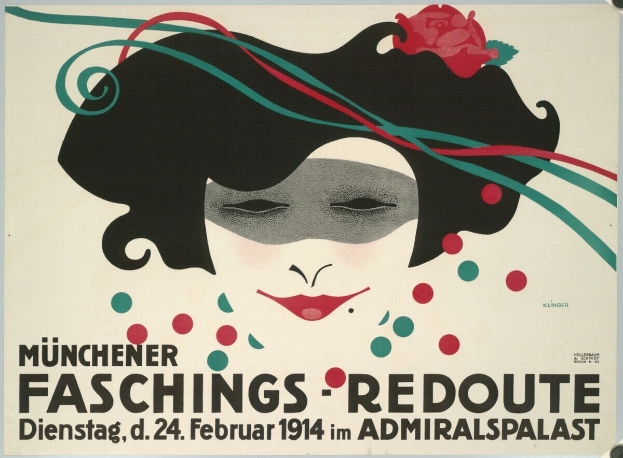 Ein Plakat für die Munchener Faschings Redoute, das das Gesicht einer Frau mit einer Blume im Haar und Text über das Ereignis zeigt.
