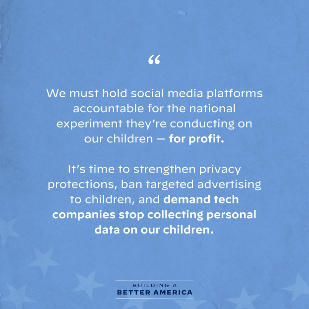 Plakat mit einem Zitat aus Building a Better America, das besagt, dass soziale Medien-Plattformen für die Experimente an Kindern zur Gewinnmaximierung zur Rechenschaft gezogen werden sollten, dekoriert mit Sternen.