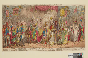 Eine Gruppe von Menschen in farbenfrohen Kostömen steht vor einer Bühne mit einem Vorhang, die den Großen Karneval von Napoleon, dem Kaiser von Frankreich, aus der Kirche Saint-Denis, Dezember 1785, feiern, einige halten Fahnen und Deko.