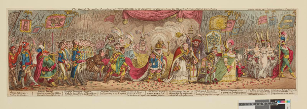 Eine Gruppe von Menschen in farbenfrohen Kostömen steht vor einer Bühne mit einem Vorhang, die den Großen Karneval von Napoleon, dem Kaiser von Frankreich, aus der Kirche Saint-Denis, Dezember 1785, feiern, einige halten Fahnen und Deko.