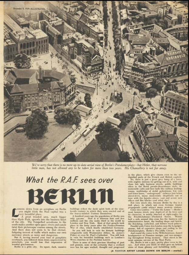 Schwarz-weißes Foto einer alten Zeitung mit einer Stadtlandschaft, Text und Bäumen.