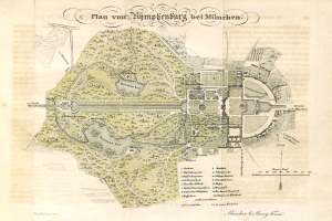 Ein alter Stadtplan von München, Deutschland, mit einer detaillierten Planung eines Parks und begleitendem Text.