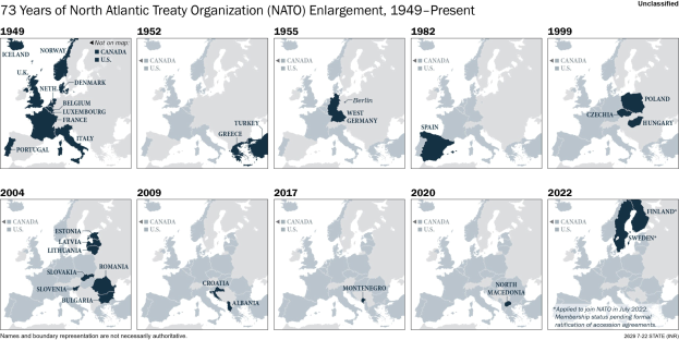 Eine Zeitleiste, die die Erweiterung der NATO von 1949 bis heute zeigt, wobei die Regionen nach Jahren farbcodiert sind.