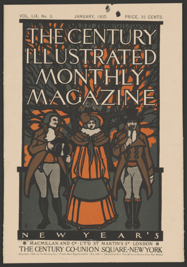 Schwarzer Plakat für "The Century Illustrated Monthly Magazine, Januar 1900" mit figuren in historischer Kleidung und dekorativem Rahmen.