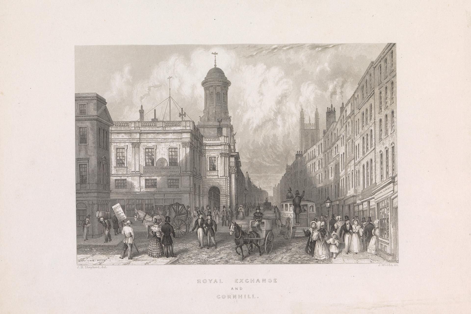 Gravur einer Stadtstraße mit Fußgängern, Pferdefuhrwerken, Gebäuden und Himmel, beschriftet mit "Royal Exchange und Cornhill" unten.