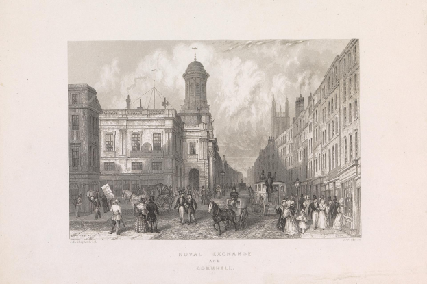 Gravur einer Stadtstraße mit Fußgängern, Pferdefuhrwerken, Gebäuden und Himmel, beschriftet mit "Royal Exchange und Cornhill" unten.