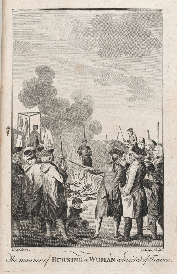 Eine Gruppe von Menschen, die um ein Feuer stehen, mit Rauch, der in den Himmel aufsteigt, und einem Text unten, der "Die Art und Weise, wie eine wegen Hochverrats verurteilte Frau verbrannt wird" lautet.
