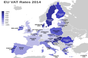 Eine Karte von Europa, die die EU-Mehrwertsteuersätze von 2014 in Prozent und Text anzeigt.