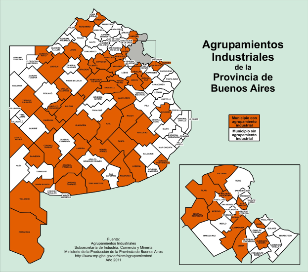 Ein Plakat mit einer farbcodierten Karte der argentinischen Provinzen Buenos Aires, das verschiedene Industriegebiete hervorhebt und begleitenden Text enthält.