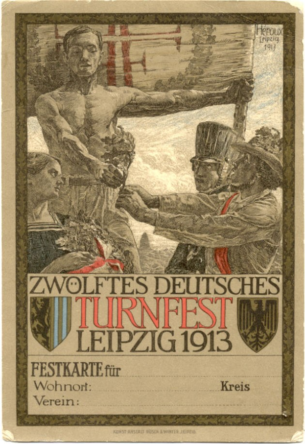 Plakat für das Zwölfte Deutsche Turnfest Leipzig 1913 mit einer zentralen Personengruppe und Text mit Veranstaltungseinzelheiten.