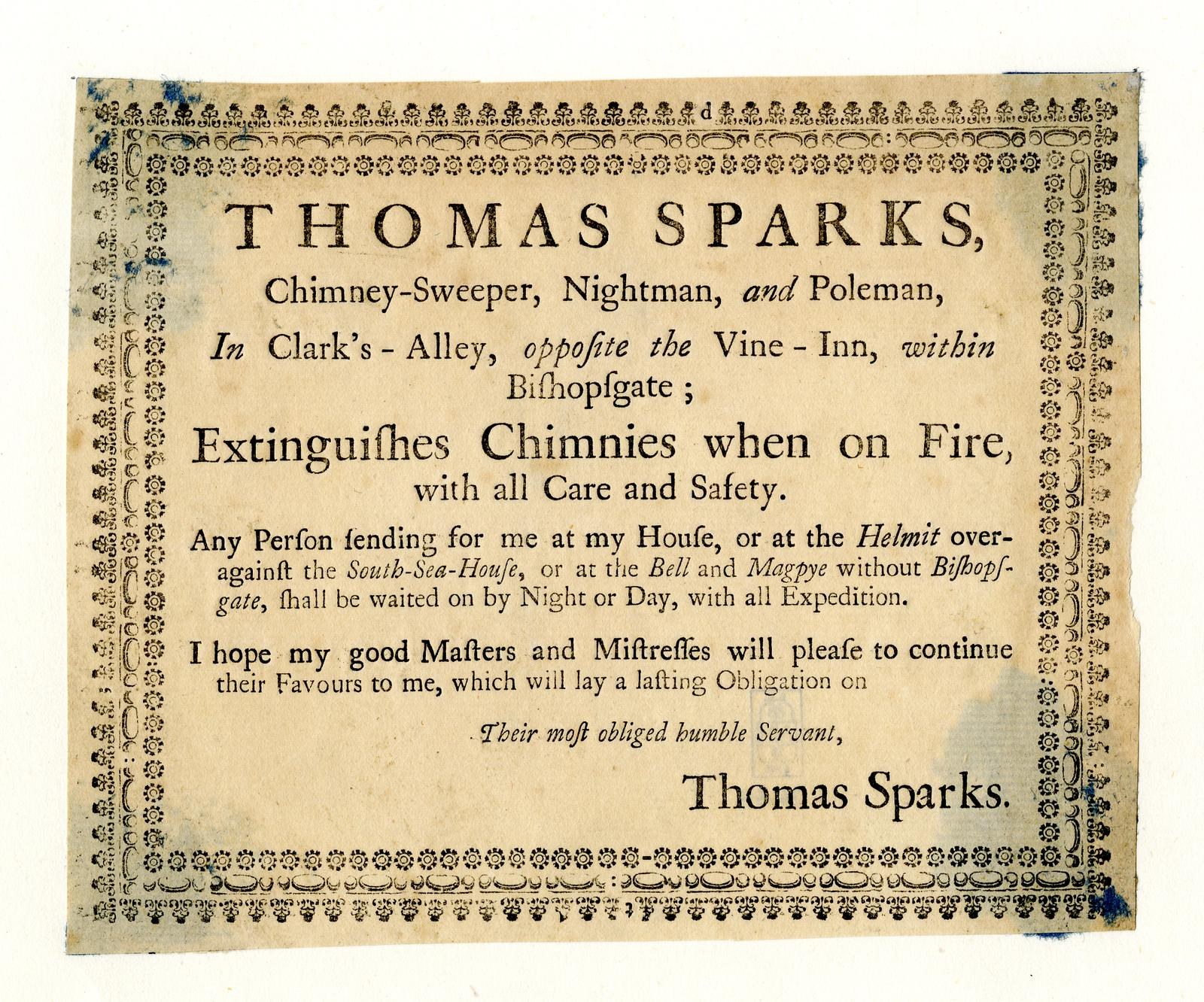Papier mit gedrucktem Text, der die Schornsteinfegerdienste von Thomas Sparks ankündigt, einschließlich seines Titels, seines Standorts und seiner Feuerlöschfähigkeiten.