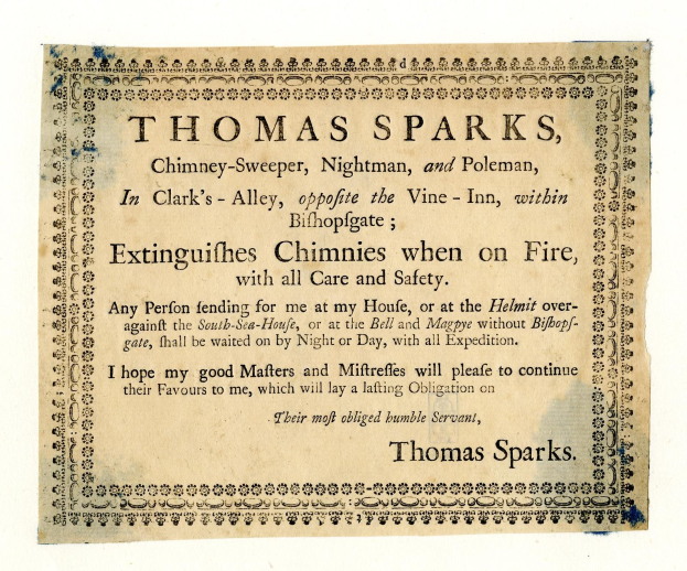 Papier mit gedrucktem Text, der die Schornsteinfegerdienste von Thomas Sparks ankündigt, einschließlich seines Titels, seines Standorts und seiner Feuerlöschfähigkeiten.