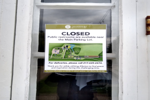 Glasstür mit einem Schild "Geschlossene öffentliche Toiletten verfügbar in der Nähe des Hauptparkplatzes" und einem undeutlichen Objekt auf der rechten Seite.