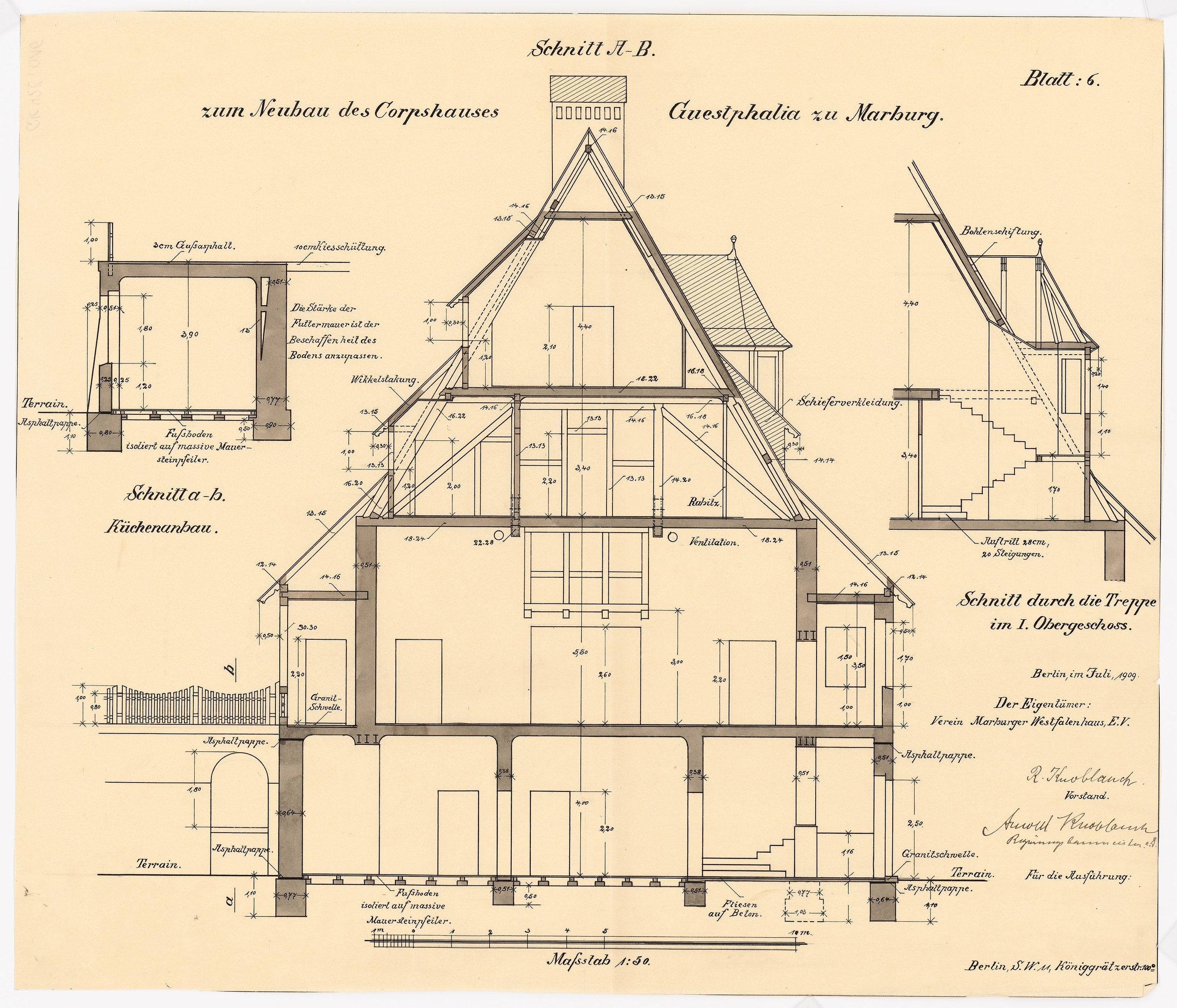 Ein detailliertes architektonisches Zeichnung eines Hauses mit zahlreichen Fenstern und einem Dach, das als erstes Haus in Deutschland gilt, begleitet von strukturellen Plänen und Text.