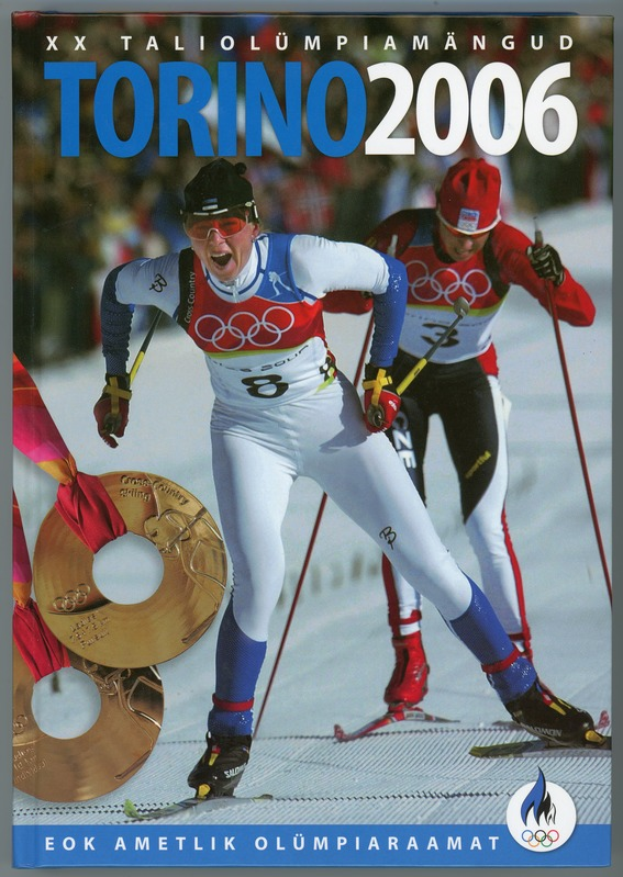 Ein Plakat der Olympischen Spiele 2006 in Turin, Italien, das zwei Skifahrer auf dem Schnee zeigt, mit der Aufschrift "Torino 2006" darüber.