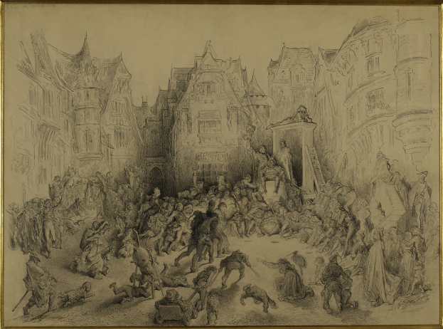 Ein gerahmtes Bild einer belebten Stadtstraße mit Menschen, die stehen und sitzen und eine lebendige Atmosphäre schaffen, mit Gebäuden im Hintergrund.