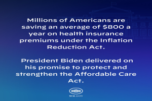 Blauer Hintergrund mit weißer Schrift, die besagt: "Millionen von Amerikanern sparen durchschnittlich 800 USD pro Jahr an Gesundheitsversicherungsprämien thanks to the Inflation Reduction Act" und ein Logo in der Mitte.