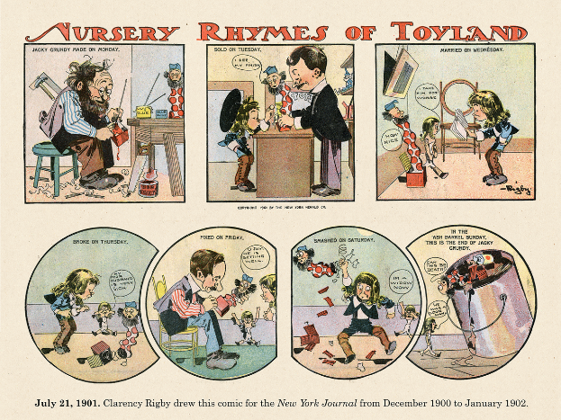 Ein hellblauer Zettel mit der Aufschrift "Nursery Rhymes of Toyland" in verspielter Schrift, mit bunten Illustrationen von Kindern, die mit Spielzeug wie einem Stofftier, einem Spielzeugauto und einer Spielzeugeisenbahn spielen, umgeben von einem Sternen- und Herzrand.