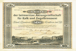 Ein altes deutsches Aktienzertifikat mit einer Fabriklustration im Hintergrund und gedrucktem Text.