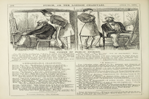 Ein altes Buchcover mit einem Mann in einem Anzug, der in einem Stuhl sitzt und nachdenklich schaut, und einer Frau, die neben ihm steht und ebenfalls nachdenklich schaut, mit der Überschrift "Die Macht der öffentlichen Meinung".