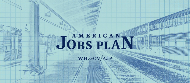 Blaupause eines Bahnhof mit der Aufschrift "American Jobs Plan" und einem Zug auf der rechten Seite.
