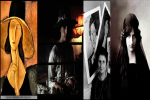 Ein Collage aus verschiedenen Gemälden, Fotorahmen und Postern.