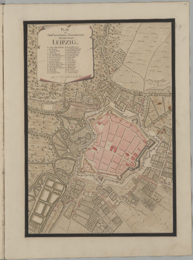 Ein detailliertes altes Buch mit einer Karte von Leipzig, Deutschland, das Straßen, Gebäude und Sehenswürdigkeiten zeigt.