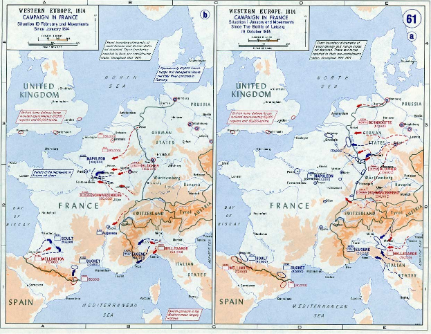 Eine historische Poster-Karte von Europa während der Schlacht von Leipzig, unterteilt in Abschnitte für Europa und Frankreich, mit nummerierten Regionen und textlichen Beschriftungen von Städten, Dörfern und geografischen Merkmalen.