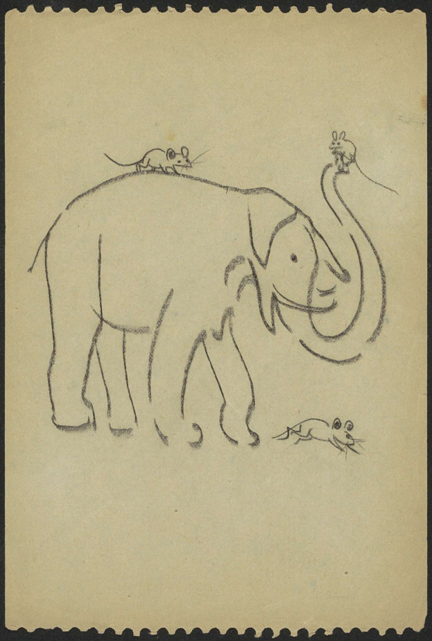 Eine Zeichnung eines aufrecht stehenden Elefanten mit erhobenem Rüssel und einer Maus, die darauf sitzt, beide wirken friedlich.