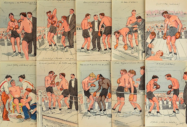 Ein Buchumschlag zeigt einen Boxkampf in einem Ring mit mehreren Kämpfern, die Handschuhe tragen und Schläge austeilen, umgeben von einer Menge.