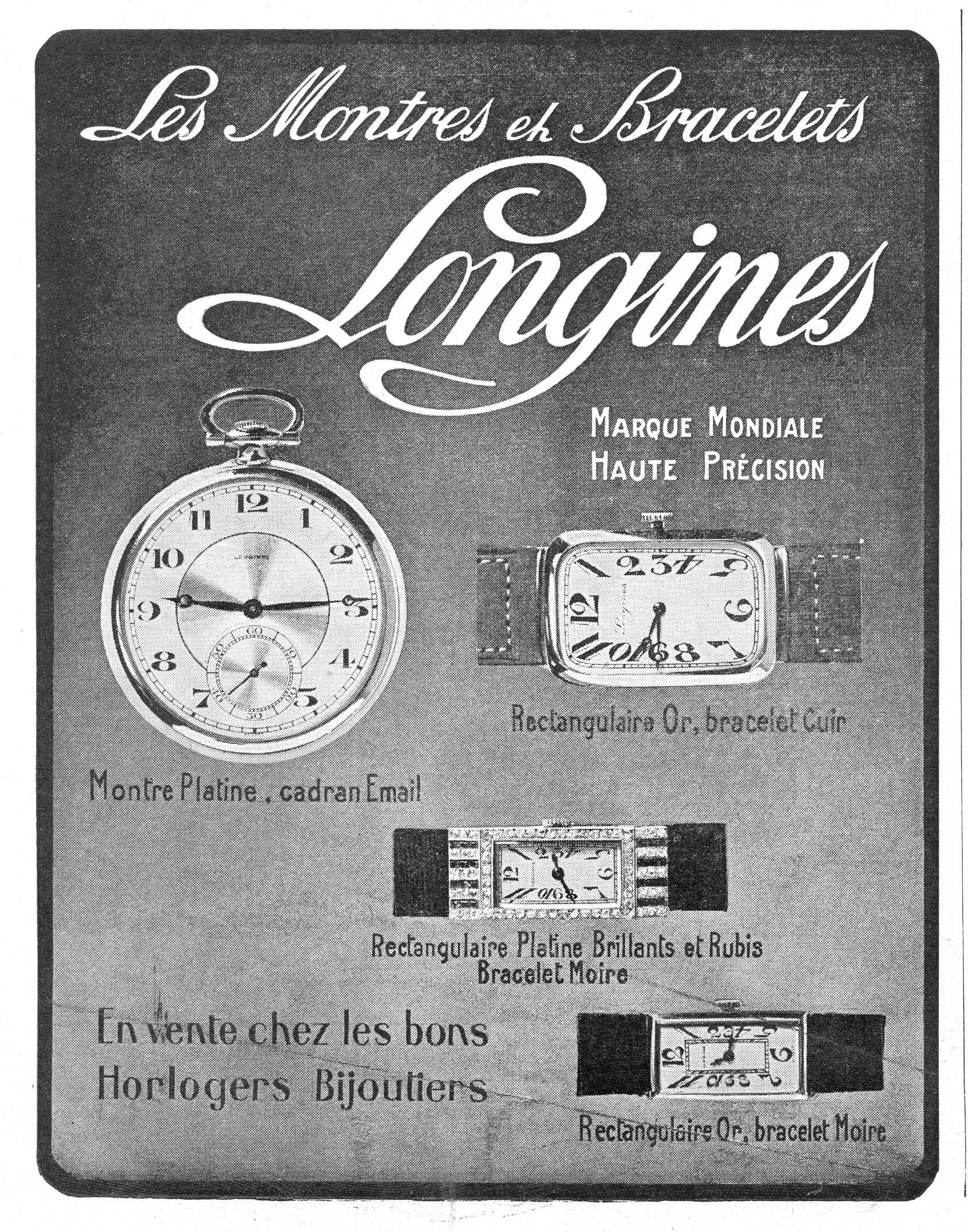 Vintage-Longines-Uhr-Werbetafel aus den 1920er-Jahren mit blauen und grauen Tönen, die detaillierte Uhr-Illustrationen und klassische Typografie zeigen.