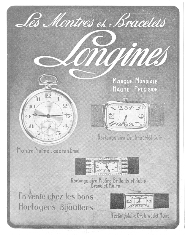 Vintage-Longines-Uhr-Werbetafel aus den 1920er-Jahren mit blauen und grauen Tönen, die detaillierte Uhr-Illustrationen und klassische Typografie zeigen.