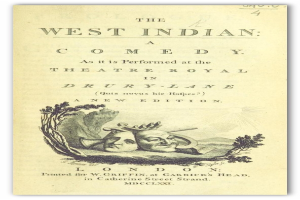 Plakat f├╝r 'The West Indian Comedy' im Theatre Royal in Drury Lane mit einem Schwarz-Wei├č-Bild eines Mannes in Zylinder und einer Frau in langem Kleid, die beide l├Ącheln und in die Kamera schauen, mit der ├╝berdimensionalen, weißen Schrift 'The West Indian Comedy'.