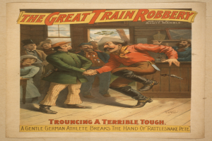 Ein Plakat zeigt eine Gruppe von Menschen, die drinnen stehen, einer hält eine Waffe, mit Text oben und unten: "Die große Zugüberfall - Trouching ein schreckliches Tough".