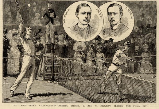 Schwarz-weiß-Zeichnung von zwei Männern, die Tennis spielen, mit Zuschauern im Hintergrund und Text unten mit der Aufschrift "The Lawn Tennis Championship Meeting - Messers, E und W Renshaw spielen das entscheidende Satz"