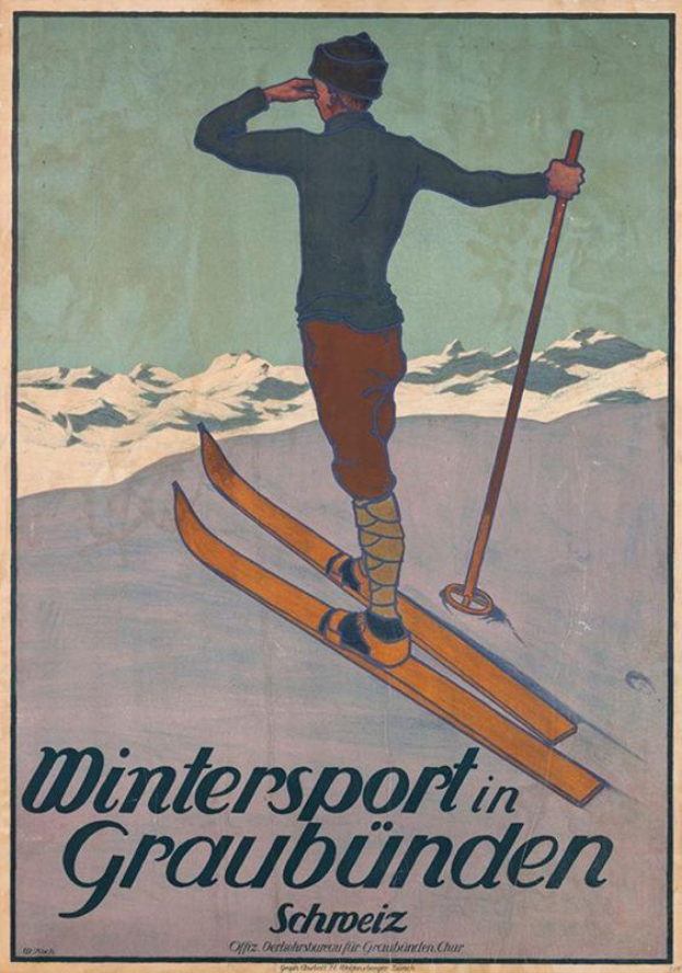 Eine Person auf Skiern, die einen Stock hält, vor schneebedeckten Bergen auf einem Plakat, das einen Wintersport in Graubünden, Schweiz, bewirbt, mit Text, der Informationen über den Sport bereitstellt.