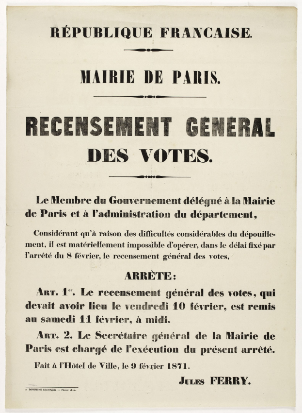 Alter französischer Plakat mit der Aufschrift "Recensement Général des Votes" im Zusammenhang mit einer allgemeinen Wahl.