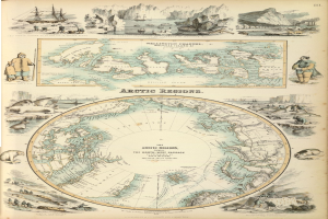 Altes Buch mit einer illustrierten Landkarte des arktischen Gebiets mit Menschen, Tieren und Text.