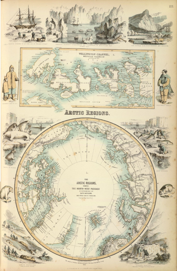 Altes Buch mit einer illustrierten Landkarte des arktischen Gebiets mit Menschen, Tieren und Text.