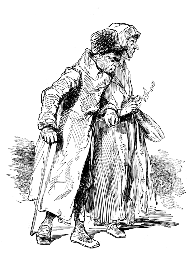 Alter Mann mit Hut und alte Frau mit einem Gegenstand in der Hand auf einer Schwarz-Weiß-Fotografie.