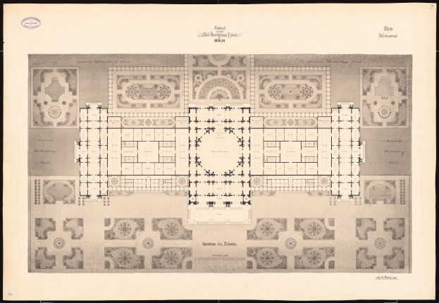 Schwarz-weißer Architekturgrundriss eines großen Gebäudes, beschriftet als Grundriss des Schlosses Berlin mit handschriftlichen Textanmerkungen.